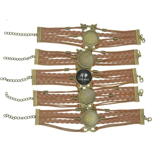 5PCS/LOT Blank Bracelet Base Trays Diy Butterfly Charms Brown Leather Bracelet Jewelry Making Fit 25mm Glass Dome