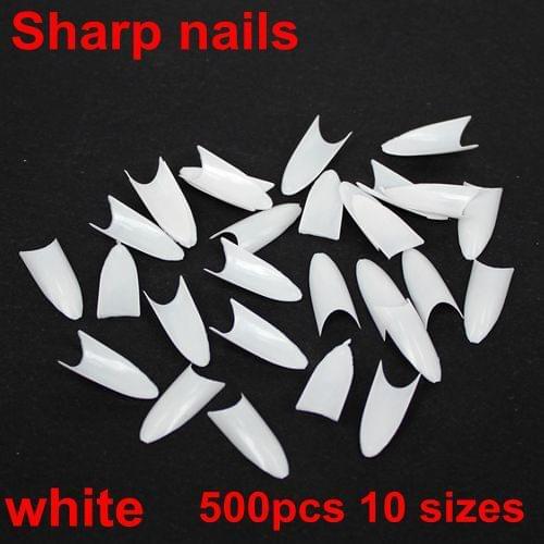 500pcs 10 sizes sharp ending stiletto french sharp nails acrylic false nail tips white color beauty Free Shipping
