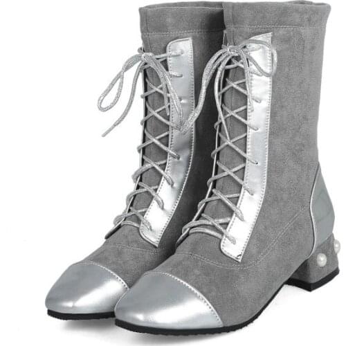 Big Size Rough heel, middle heel, fashion, round head tie, beaded and velvet boots with Martin boots