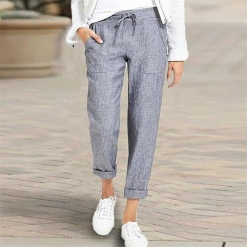 Womens Summer Linen Ccotton Pants Elastic Waist Casual Large Beach Pants Solid Color Adjustable Waist Oversized Ankle-Length