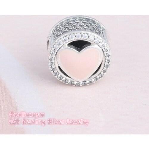 Original 925 Sterling Silver Pink Enamel Wonderful Love Heart Charms Beads With CZ Fits Pandora Bracelet Valentines Day Gift