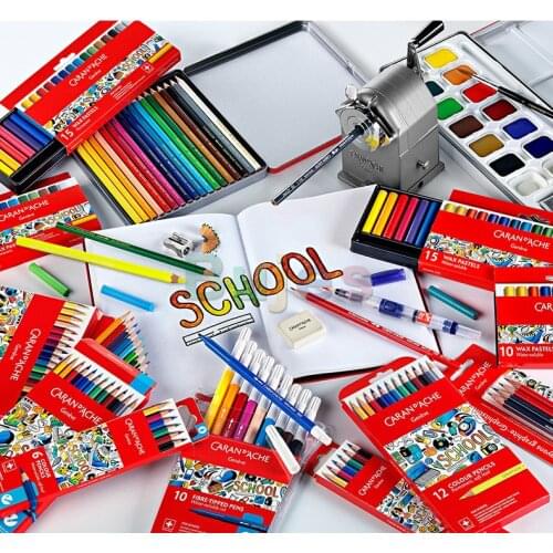 Caran d'Ache School Line WAX Pastels Water Soluble Set of 10, Permanent Set of 15,Strong, highly-pigmented color,Art supplies