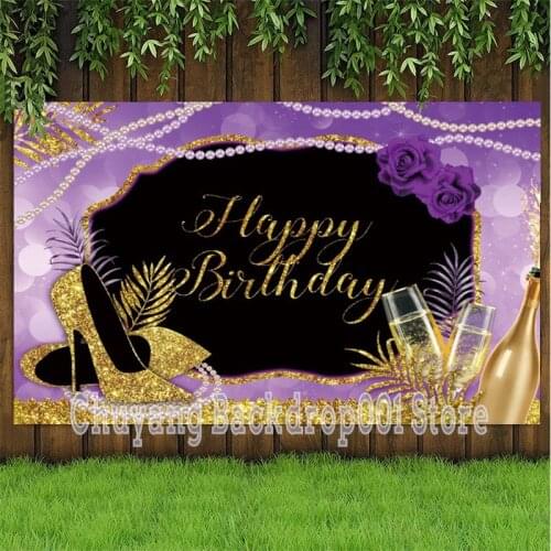 Sweet Purple Rose Birthday Backdrop Shiny Glitter High Heels Champagne Adults Women Lady Party Photo Background Studio Booths
