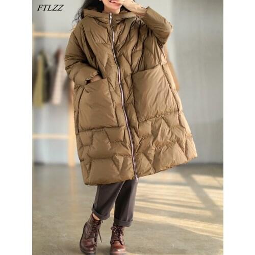FTLZZ Winter Hooded Feather Jacket Women 90% White Duck Down Coat Oversize Loose Snow Warm Thick Overcoat Pocket Bread Outwear