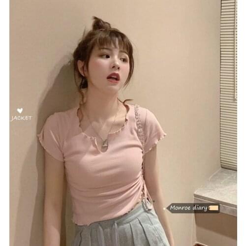 Woman Tshirts Design Niche V-neck Short Sleeve T-Shirt Ladies Short Tight Summer Navel Pink Chic Top