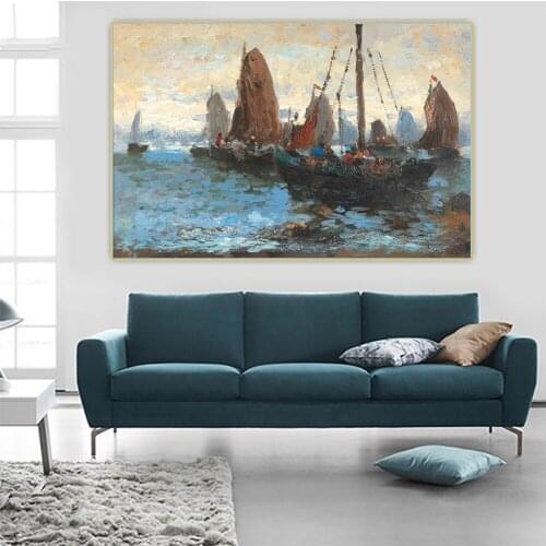Adolf Kaufmann《Seascape with many sailing boats》Canvas Oil Painting Aesthetic Poster Picture Wall Hanging Decor Home Decoration