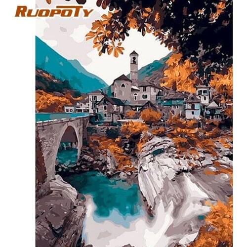 RUOPOTY Painting By Numbers 60x75cm Framed Village House Bridge And Water Landscape Picture By Number Modern Home Decors