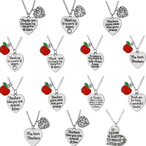 Love Heart Apple Pendant Necklaces Thank You Teachers Chain Family Friends Women Men Graduation Jewelry Teachers Day Presents