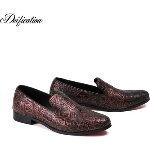 Deification Fashion Mahjong Printed Men Shoes Genuine Leather erkek ayakkabi Slip On Driving Casual Shoes Men Loafers Mocassins