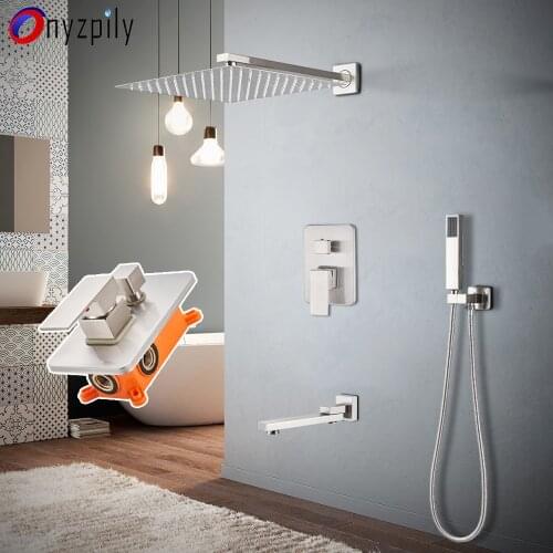Onyzpily Brushed Nickel Rainfall Shower Faucet Set Ceiling Mounted with Embedded Box Bath Mixers Faucet Rotate Watering Spout