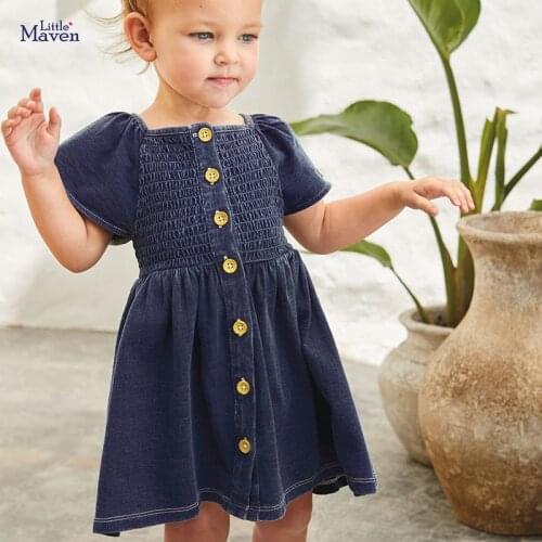 Children 2021 Summer New Baby Girl Clothes Navy Blue Vestiods Toddler Shirtdress Button Fashion Dresses for Kids 2-7 Years