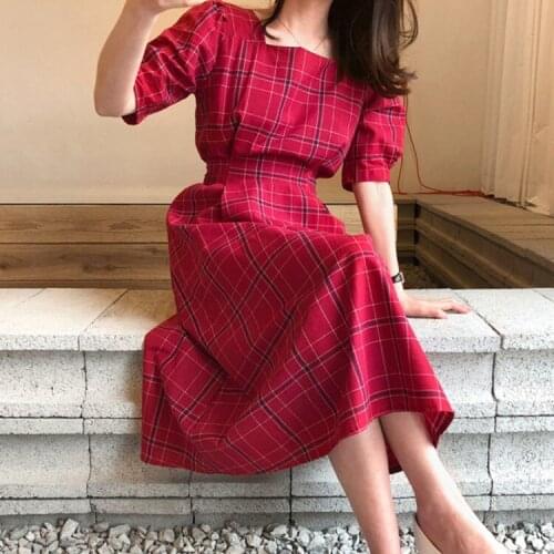 New 2021 Vintage Summer Fashion Plaid Dresses Korean Style Square Collar Short Sleeve High Waist Slim Party Dress Robe Vestidos