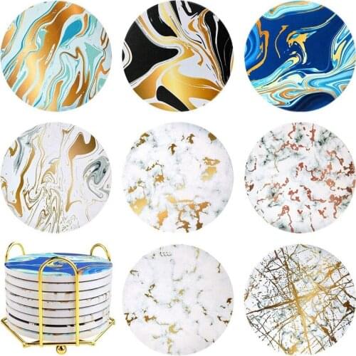 Coasters with Metal Holder Stand,Marble Pattern Stone Bar Coasters Set with Cork Base,Cup Ceremic Coaster for Gifts,Home