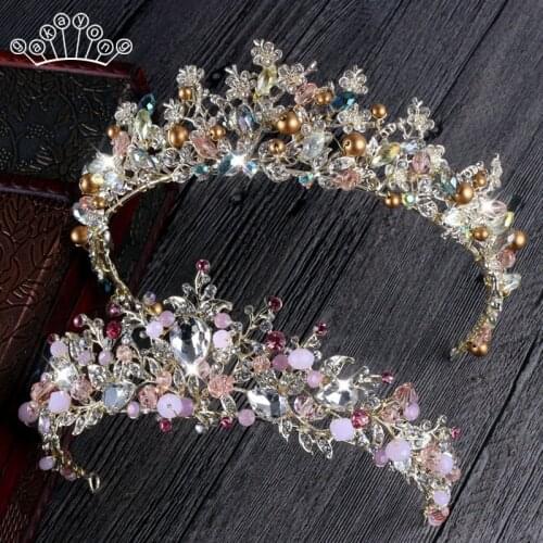 Baroque Luxury Crystal Pearl Bridal Crown Tiaras Light Gold Diadem Tiaras for Women Bride Wedding Hair Accessories