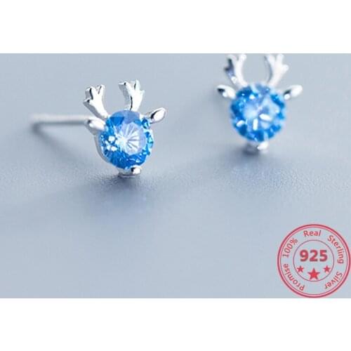 Korean Version 925 Sterling Silver Jewelry Cute Christmas Deer Blue Zircon Stud Earrings For Women Fashion Christmas Present