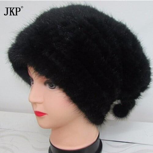 JKP Genuine Knitted Mink Fur Beanies Hats Fashion Womens Mink Fur Knitted Caps Winter Headgear