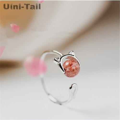 Uini-Tail hot new 925 sterling silver cat strawberry crystal open ring female Korean students sweet girl heart cute fashion