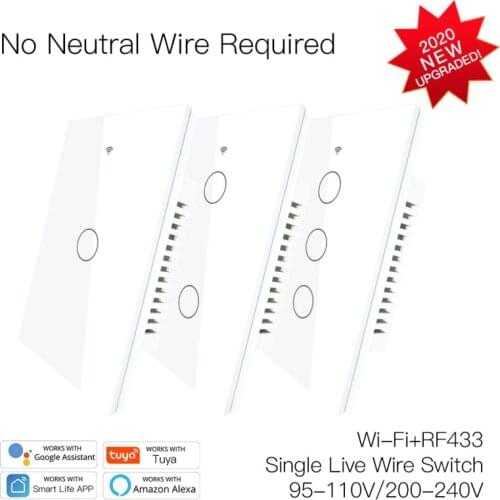 RF433 WiFi Smart Switch 1/2/3 Gang Wall Touch Switch Tuya/Smart Life APP No Neutral Wire Needed Single Wire Alexa Google Home