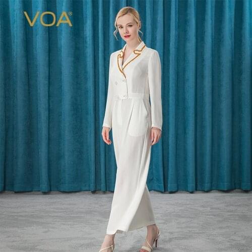 VOA 100% Heavy Silk Jumpsuits High Waist Tunic Summer Women Jumpsuit High Quality Luxury White Short Sleeve Ladies Clothes KE161