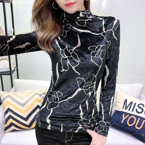 Floral Print Velvet Soft Tops Turtleneck Pullovers Bottoming Shirt Autumn Winter Womens Long Sleeve T-Shirt Plus Size Tee Shirt