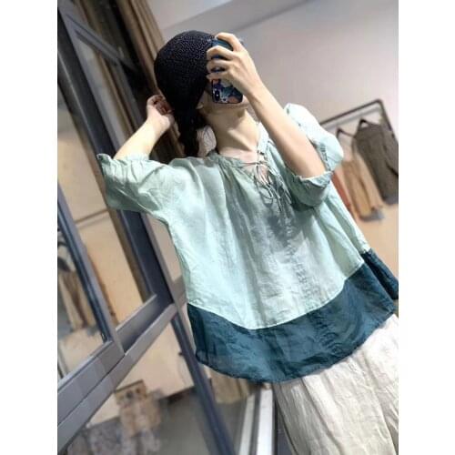 Women Loose Patchwork Ramie Blouse Female 2020 Spliced Plus Size Shirts Ladies Vintage Oversized Shirt Tops Summer Ramie Shirt