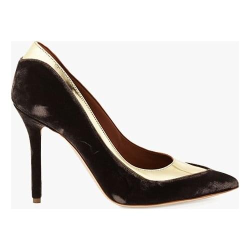 Ladies Gold Silver Leather Patchwork Velvet Pumps Thin Heel Mixed Colors Wedding Party Dress Shoes Slip On Oufit High Heels