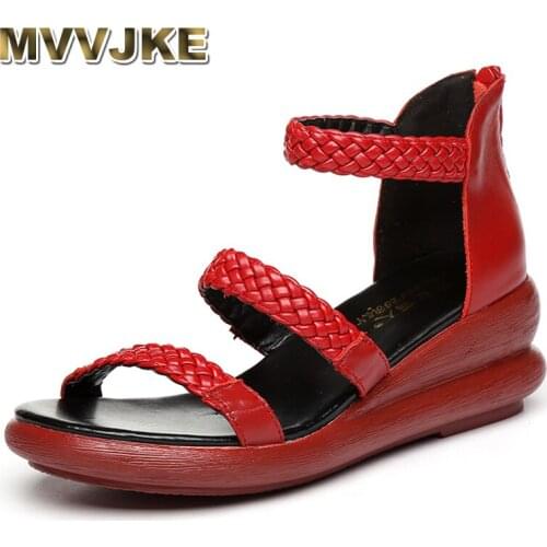 MVVJKE Women Sandals 2020 Summer Genuine Leather Gladiator Sandals Casual Shoes Fashion Wedges Shoe Handmade Sandals Woman