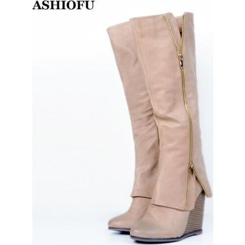 ASHIOFU Handmade Vintage Womens Wadge Heel Boots Sexy Night-club Party Prom Knee-high Boots Winter Evening Fashion Boots Shoes