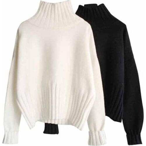Zoki Plus Size Women Turtleneck Pullover Sweater Autumn Winter Loose Knitted Jumper Thick Long Sleeve Black White Sweater Coat