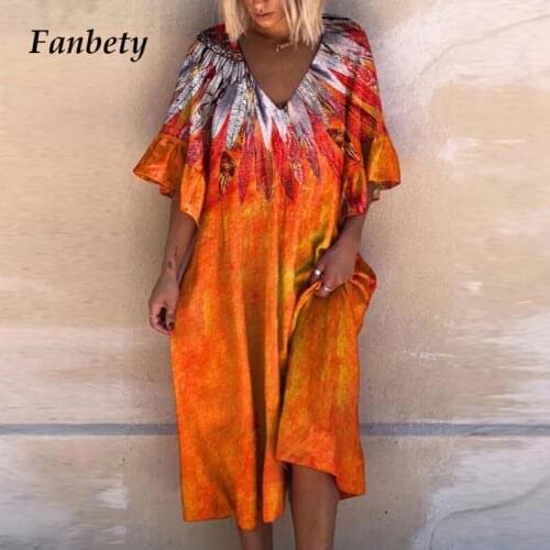 Vintage Folk Print Women Dress For Summer 2021 Elegant Sexy V Neck Loose Long Party Dress Fashion Butterfly Sleeve Beach Dresses