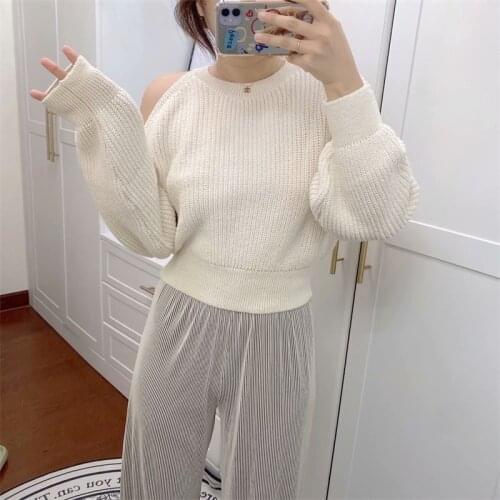 ZXQJ Women 2021 Fashion Casual Solid Loose Knitted Sweater Vintage Bare Shoulders Pullovers Oversized Outerwear Chic Tops