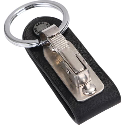 1pc Fashion Hanging Keychain Key Ring Clip on Belt Genuine Leather Key Chain Stainless Steel Detachable Key Holder