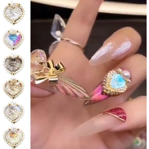5pcs Shiny Heart Diamond Crystal Stone 3D Nail Art Decorations Alloy Base Pearl DIY Jewelry Manicure Design Accessories