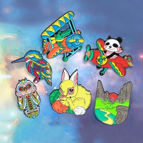 Cute Animals Rabbit Bird Panda Crocodile Brooches Aircraft Forest River Colorful feather Owl Magpie Badge Lapel Jewelry Gift