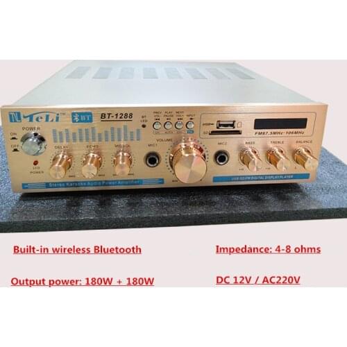 BT-1288 DC12V / AC220V 180W+180W 2.0 channel HIFI home Household Bluetooth music audio amplifier with microphone USB SD palyer