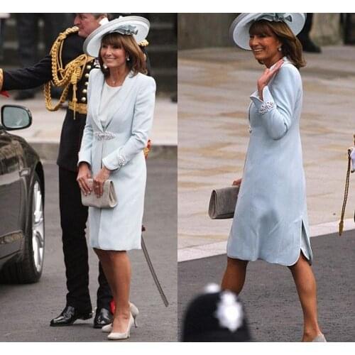 Elegant Royal Light Sky Blue Mother Dresses With Jacket Long Sleeve Knee Length Wedding Guest Gowns Formal Mother Dress