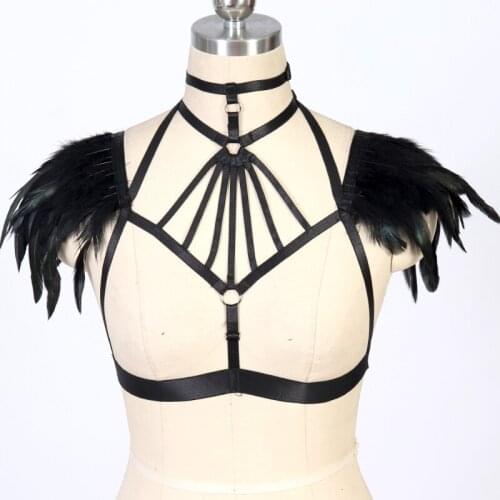 Gothic Black Elastic Adjustable Body Harness Womens clothing Suspender Belt BurningMan Feather Cage Bra Pole Dance Harness