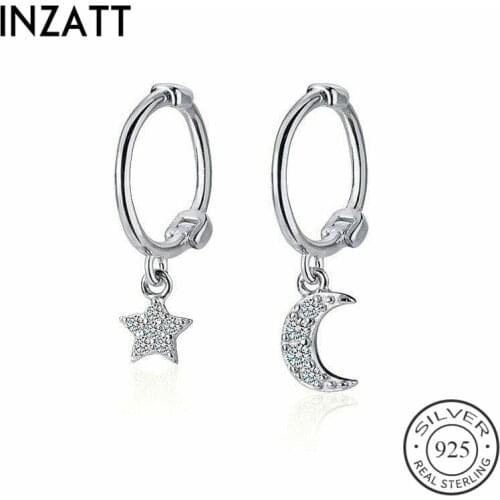 INZATT Real 925 Sterling Silver Zircon Star Moon Huggies Hoop Earrings For Fashion Women Fine Jewelry Geometric Accessories Gift