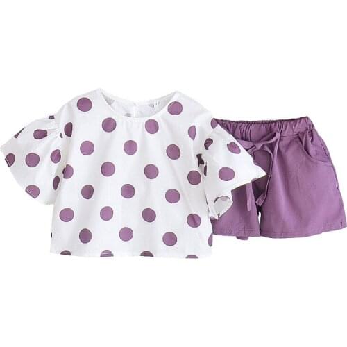 Baby Girl Summer Suit Korean European Summer Short Sleeve Shirt+Shorts Purple Dot Cute Two Piece Set Yellow Childrens Clothes