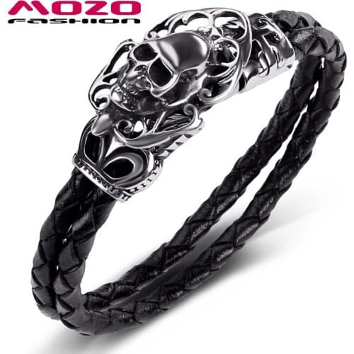 Men 2020 New Jewelry Black Genuine Leather Bracelet Stainless Steel Hyperbole Skull Punk Charm Women Bangle