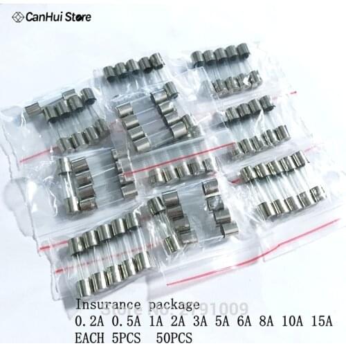50PCS/LOT 10 Kinds 5x20mm Fast Glass Fuse Kit In Package 0.2A 0.5A 1A 2A 3A 5A 6A 8A 10A 15A /250V 5*20 Insurance Tube Package