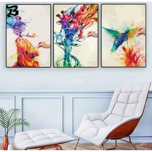 Canvas Painting Wall Art Animals Watercolor Oil Painting Colorful Elk Abstract Modern Posters Prints for Living Room Home Decor