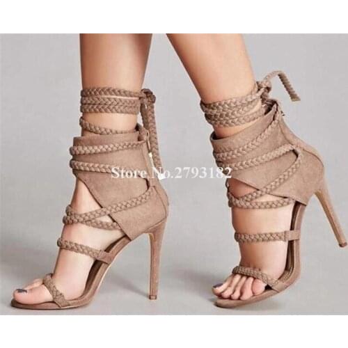 New Design Women Fashion Open Toe Suede Leather Thin Heel Gladiator Sandals Ankle Strap Cut-out Rope Straps High Heel Sandals