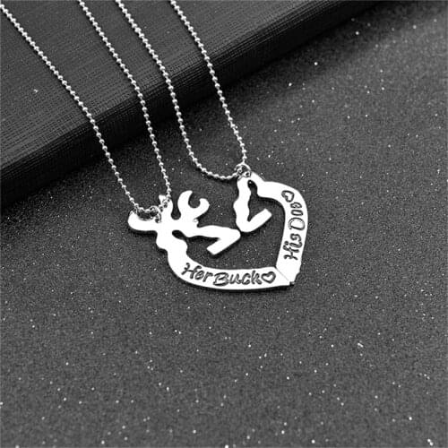 2 Pcs Deer Hunting Her Buck His Doe Necklaces Kissing Heart Minimalist Hollow Heart Shape Pendant Couples Lovers Gifts
