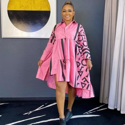 African Print Fashion 2021 Mini Dresses For Women Turn-down Collar Long Sleeve Shirt Cake Dress Geometry Print Irregular Clothes