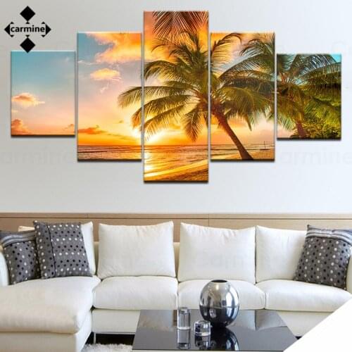 Tropical Seascape Canvas Painting Sunset Landscape Poster and Print for Home Decor 5 Pieces Frameless Printing Picture for Home