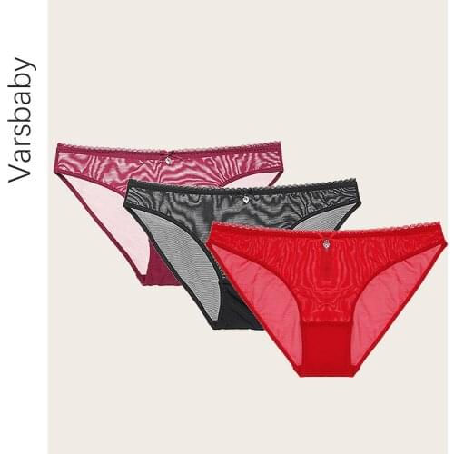 Varsbaby sexy eyelash lace yarn bow transparent underwear low-rise briefs S-XXL panties 3pcs/lots