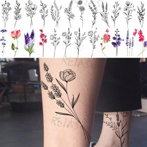Realistic Dahlia Poppy Temporary Tattoos For Women Adult Lavender Lily Fake Tattoo Sticker Body Art Painting Waterproof Tatoos