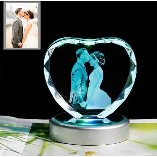 Funny Heart Shape Laser Engraved Personalised Picture Frame 2D k9 Crystal Photo Frame with LED Night-light Stand