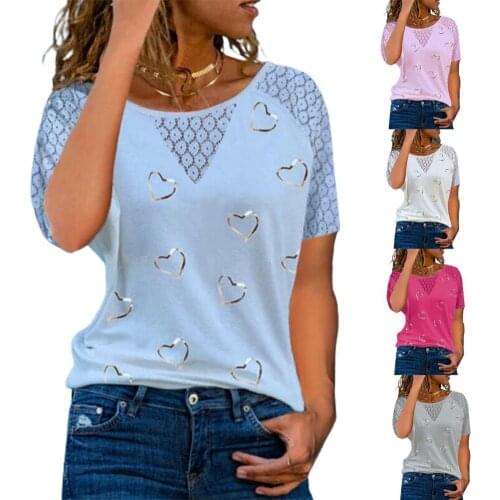 Women T-shirt Summer Hearts Printing Top Ladies Casual Round Neck Short Sleeve Blouse Plus Size Loose Pullovers Tops blusas